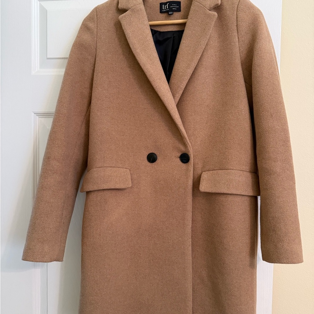 Zara Women's Tan Double-Breasted Wool Coat